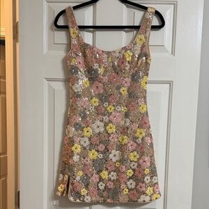 CIDER Sequin Floral Tank Mini Dress - Pink, Yellow, White